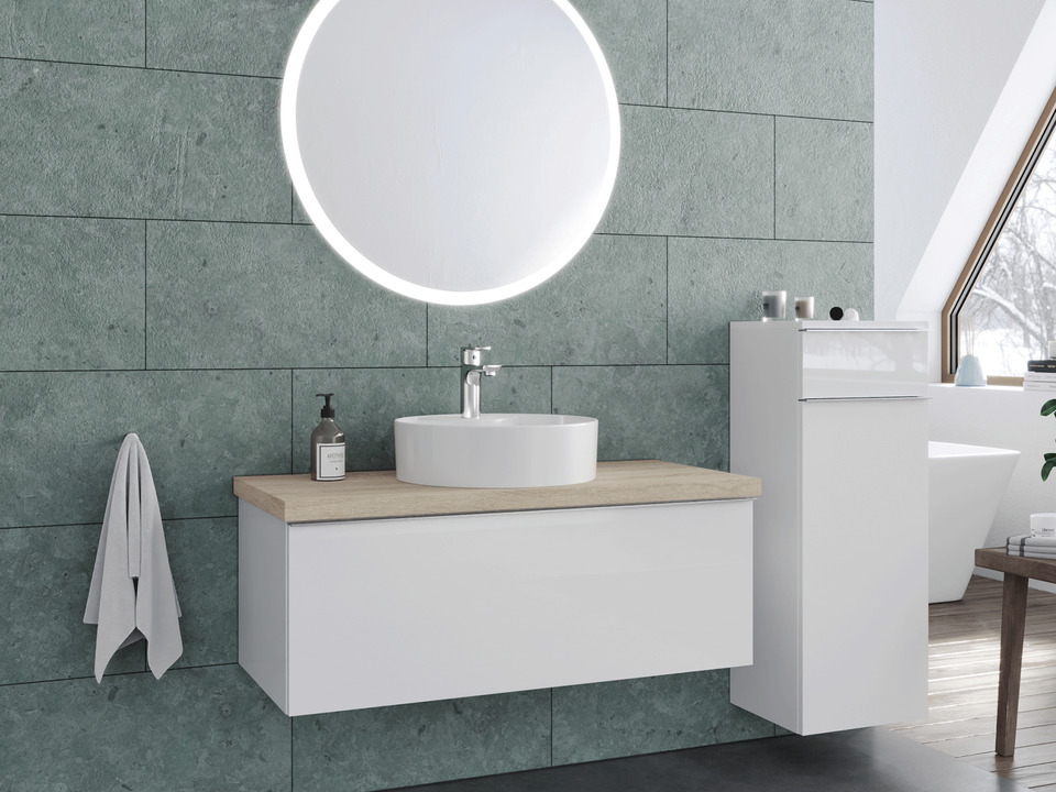 Smile Badm&ouml;bel 100, Wei&szlig; Hochglanz Lackiert, Keramik Waschbecken, Tr&auml;gerplatte