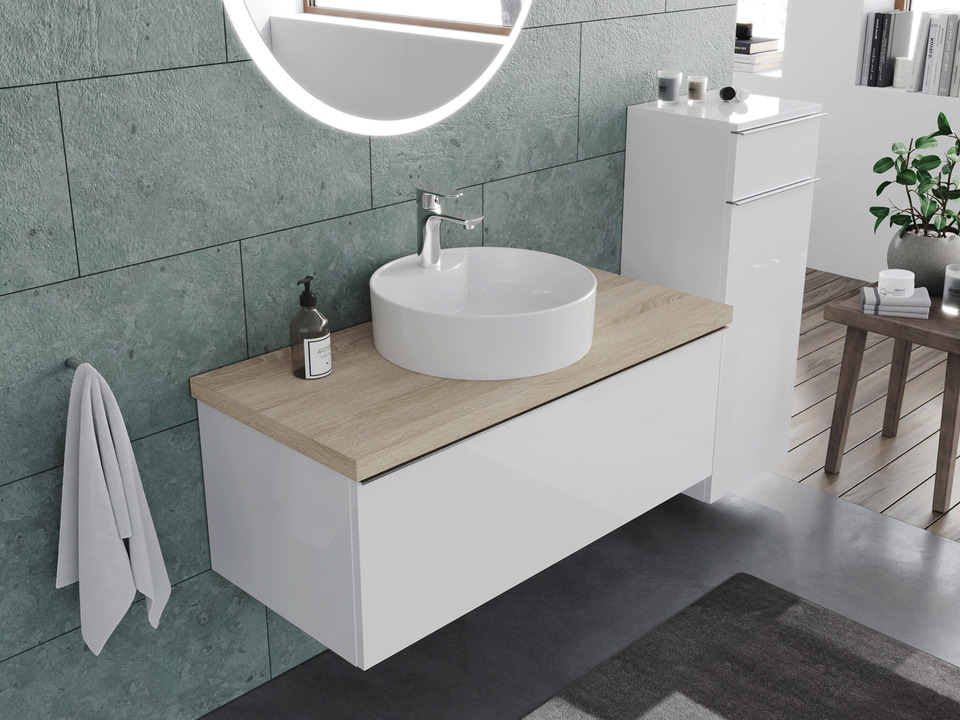 Smile Badm&ouml;bel 100, Wei&szlig; Hochglanz Lackiert, Keramik Waschbecken, Tr&auml;gerplatte