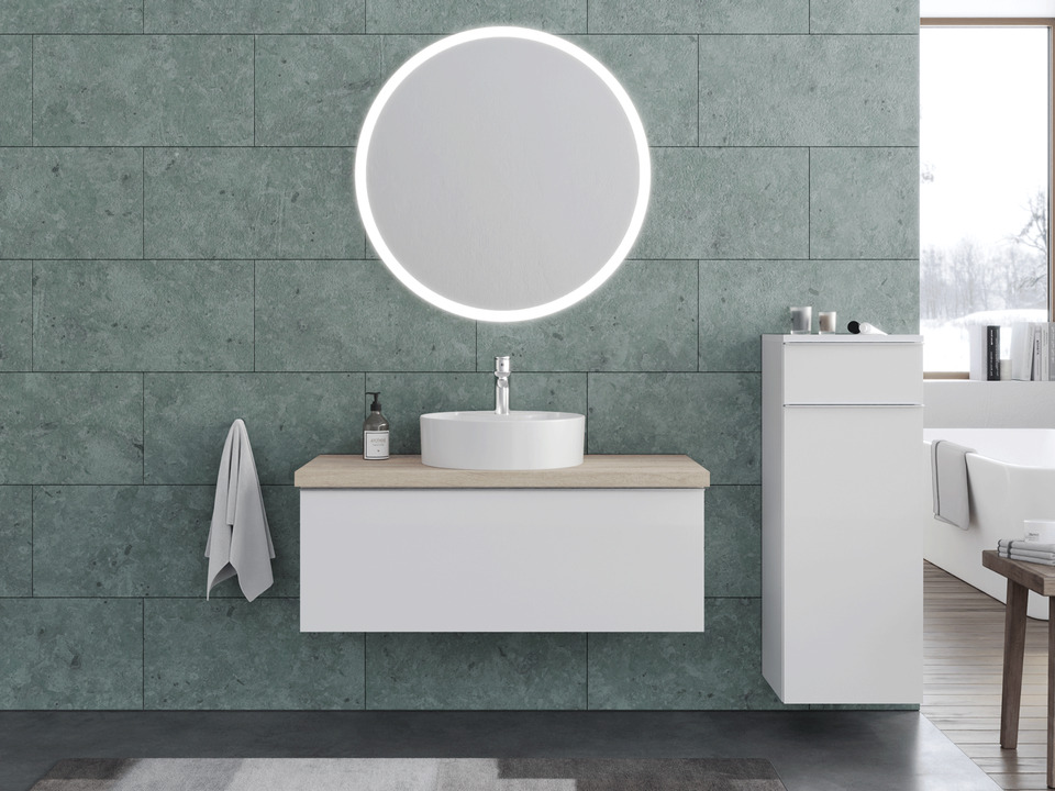Smile Badm&ouml;bel 100, Wei&szlig; Hochglanz Lackiert, Keramik Waschbecken, Tr&auml;gerplatte