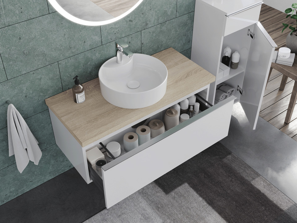 Smile Badm&ouml;bel 100, Wei&szlig; Hochglanz Lackiert, Keramik Waschbecken, Tr&auml;gerplatte