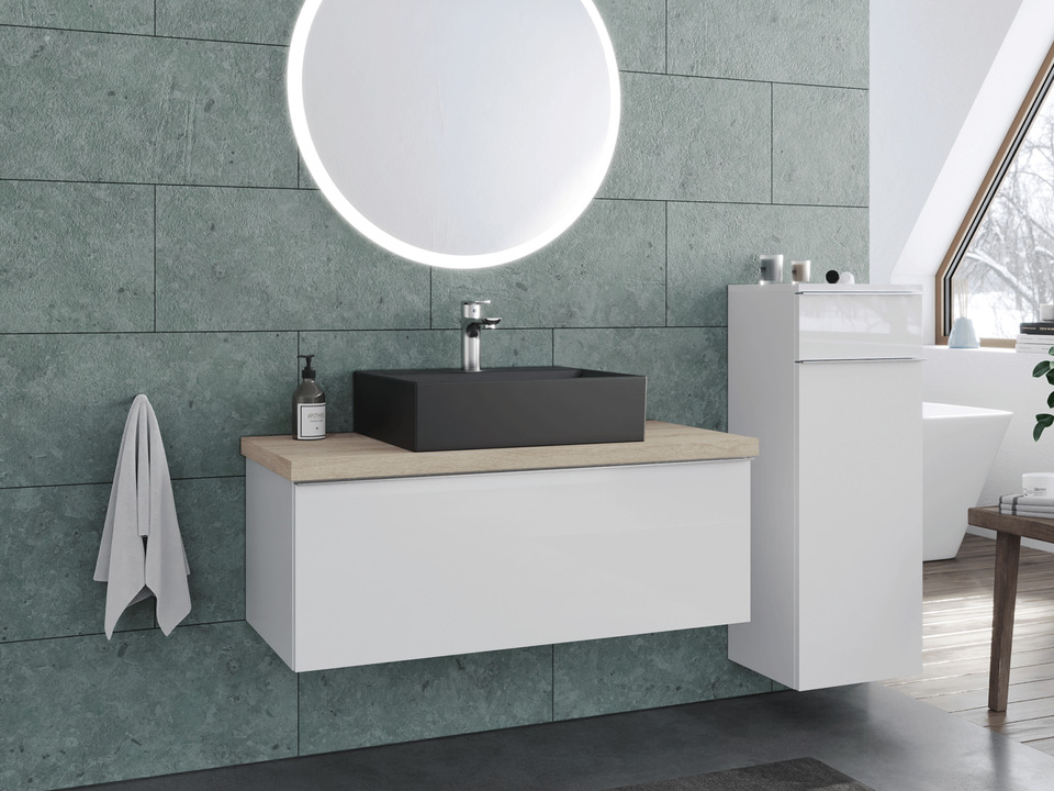 Smile Badm&ouml;bel 100, Wei&szlig; Hochglanz Lackiert, Keramik Waschbecken, Tr&auml;gerplatte