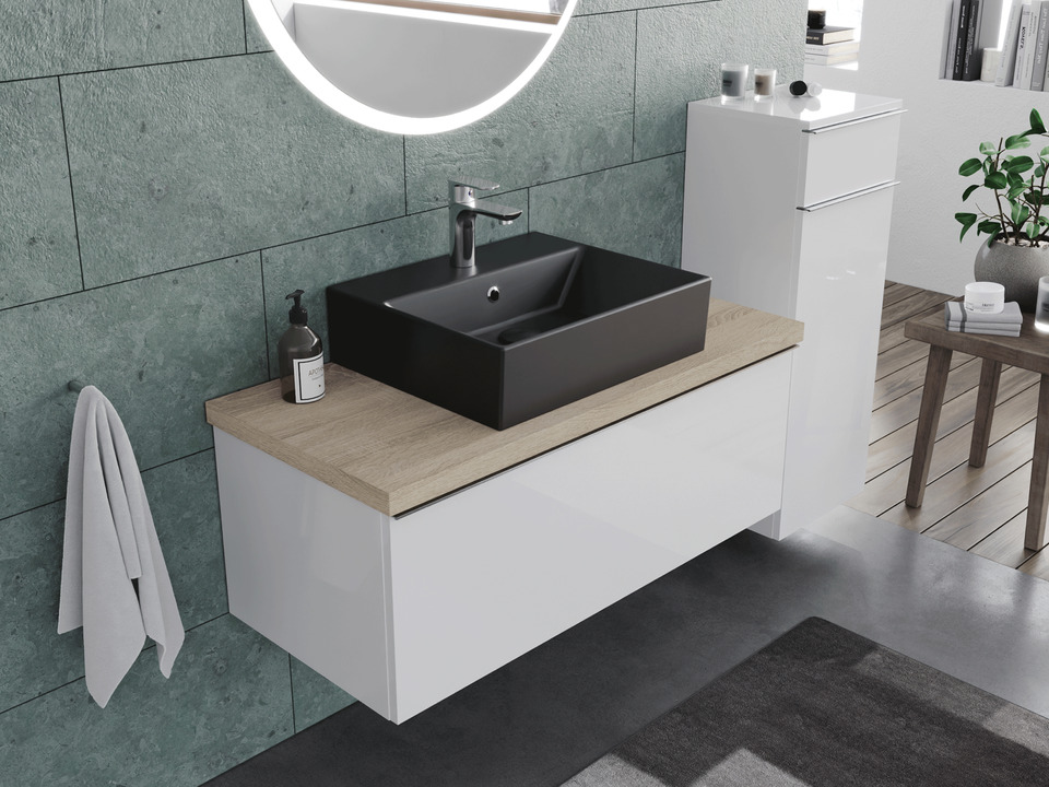 Smile Badm&ouml;bel 100, Wei&szlig; Hochglanz Lackiert, Keramik Waschbecken, Tr&auml;gerplatte