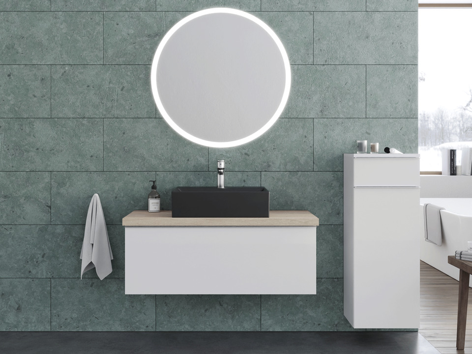 Smile Badm&ouml;bel 100, Wei&szlig; Hochglanz Lackiert, Keramik Waschbecken, Tr&auml;gerplatte