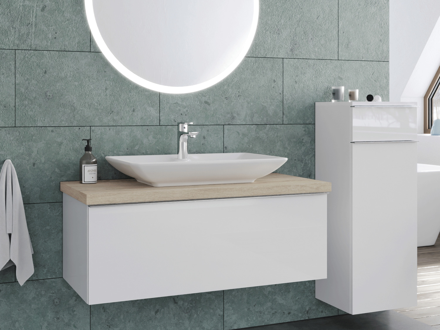 Smile Badm&ouml;bel 100, Wei&szlig; Hochglanz Lackiert, Keramik Waschbecken, Tr&auml;gerplatte