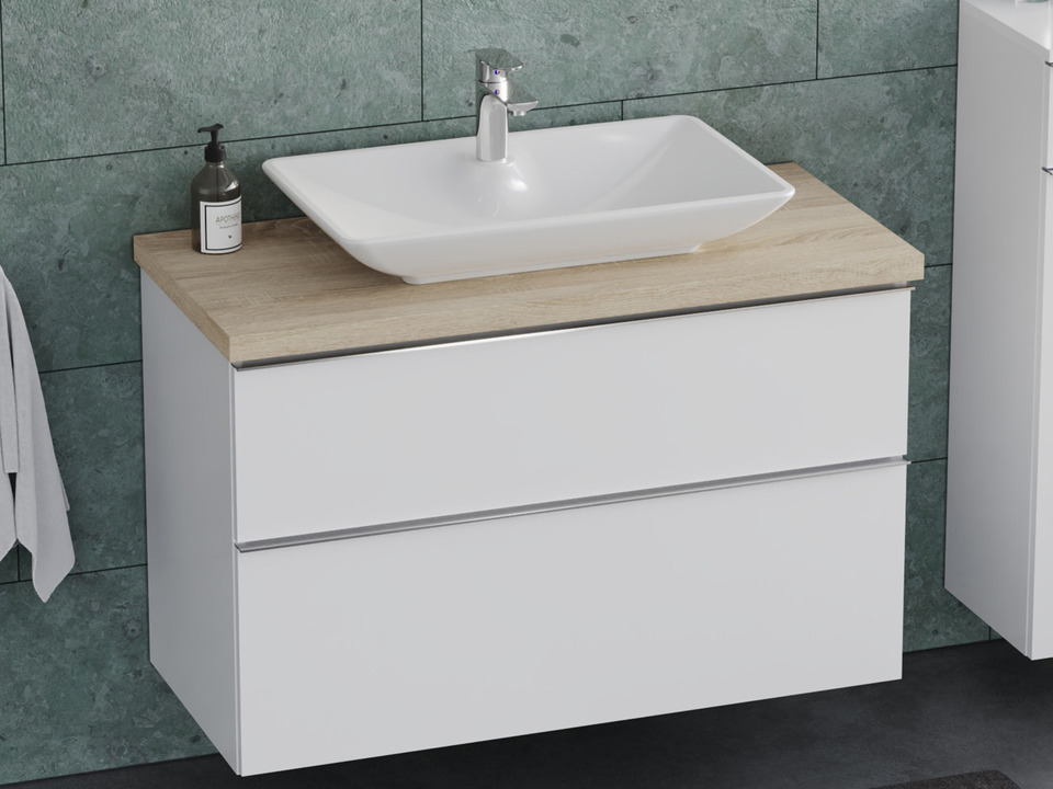 Smile Badm&ouml;bel 100, Wei&szlig; Hochglanz Lackiert, Keramik Waschbecken, Tr&auml;gerplatte