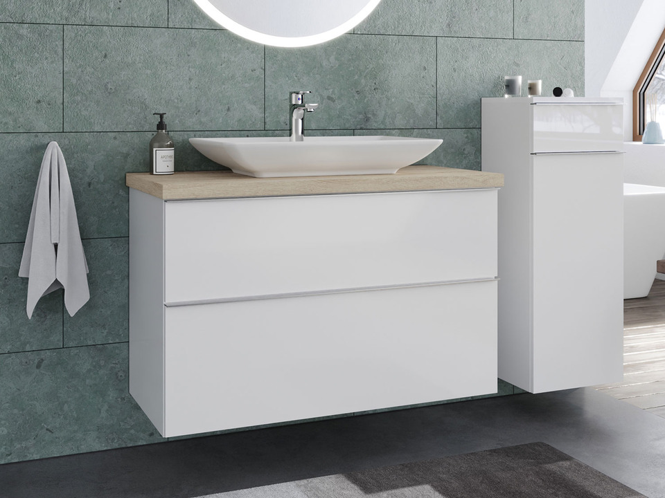 Smile Badm&ouml;bel 100, Wei&szlig; Hochglanz Lackiert, Keramik Waschbecken, Tr&auml;gerplatte