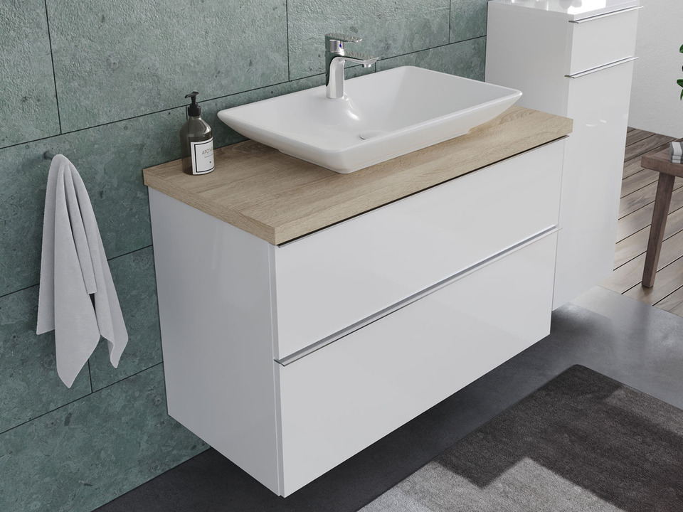 Smile Badm&ouml;bel 100, Wei&szlig; Hochglanz Lackiert, Keramik Waschbecken, Tr&auml;gerplatte