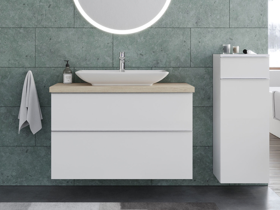 Smile Badm&ouml;bel 100, Wei&szlig; Hochglanz Lackiert, Keramik Waschbecken, Tr&auml;gerplatte