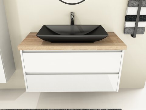Duo Badmöbel 100, Weiß Hochglanz Lackiert, Keramik Waschbecken, Trägerplatte