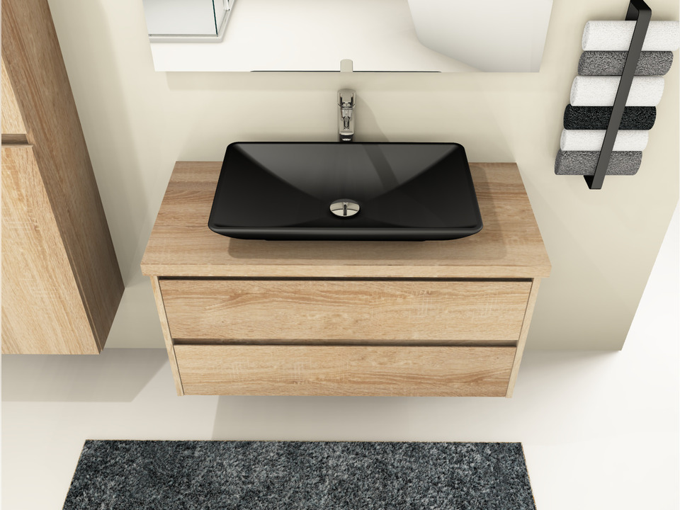 Duo Badm&ouml;bel 100, Eiche Gold, Keramik Waschbecken, Tr&auml;gerplatte