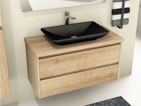 Duo Badmöbel 100, Eiche Gold, Keramik Waschbecken, Trägerplatte