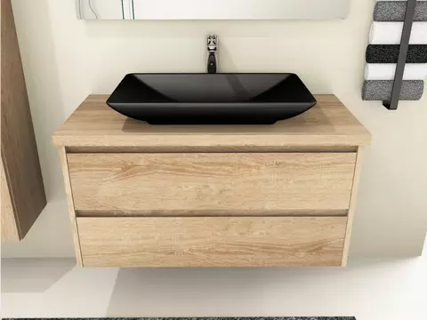 Duo Badmöbel 100, Eiche Gold, Keramik Waschbecken,...