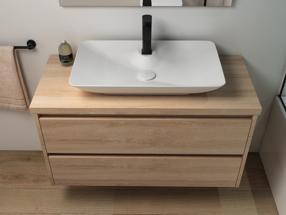 Duo Badm&ouml;bel 100, Eiche Gold, Keramik Waschbecken, Tr&auml;gerplatte