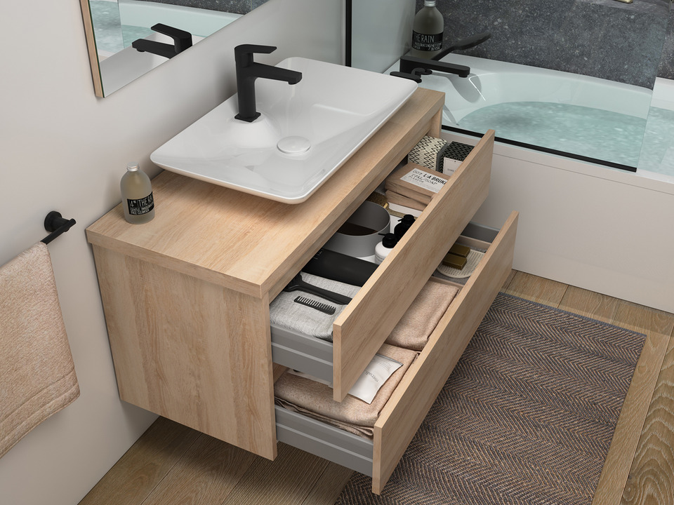 Duo Badm&ouml;bel 100, Eiche Gold, Keramik Waschbecken, Tr&auml;gerplatte