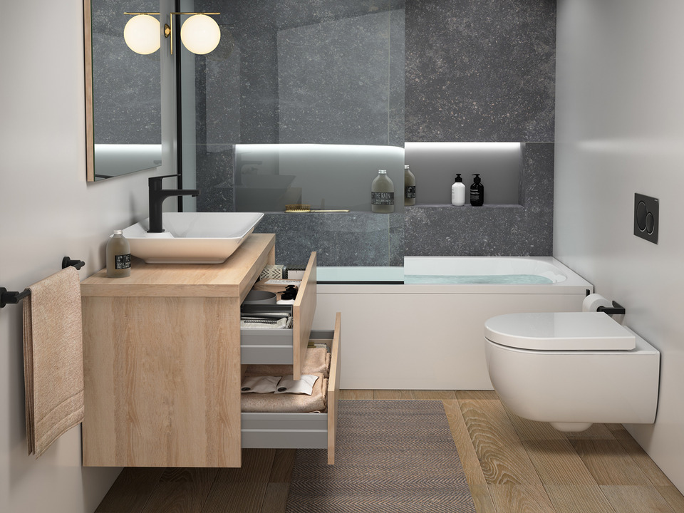 Duo Badm&ouml;bel 100, Eiche Gold, Keramik Waschbecken, Tr&auml;gerplatte