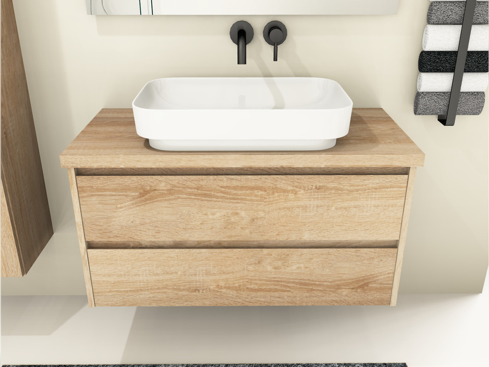 Duo Badm&ouml;bel 100, Eiche Gold, Keramik Waschbecken, Tr&auml;gerplatte