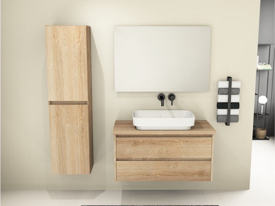 Duo Badm&ouml;bel 100, Eiche Gold, Keramik Waschbecken, Tr&auml;gerplatte