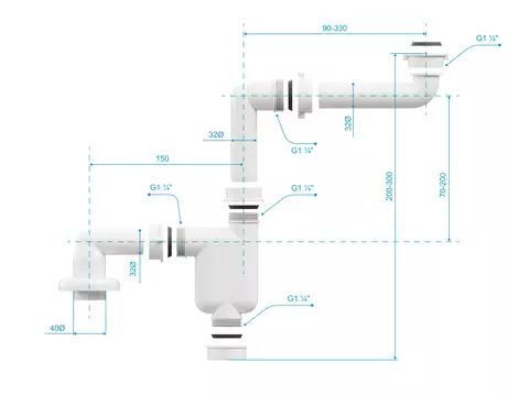 Aqua Bagno Raumsparsiphon für Badmöbel - DN32 -...