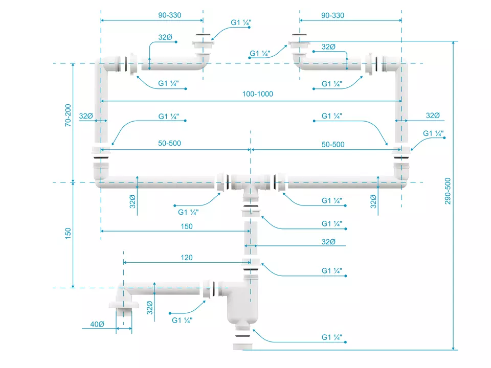 Aqua Bagno Raumsparsiphon f&uuml;r Badm&ouml;bel doppelter Ablauf - DN32 - Kunststoff wei&szlig;