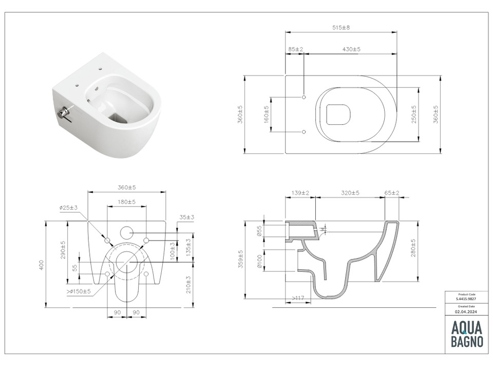Wand Dusch WC Taharet - sp&uuml;lrandlos - mit abnehmbaren Softclose Toiletten-Sitz - Bidet - Keramik - S.4415.9827