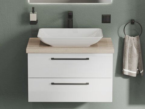 Angular Badmöbel 80, Weiß Hochglanz Lackiert, Keramik Waschbecken, Trägerplatte