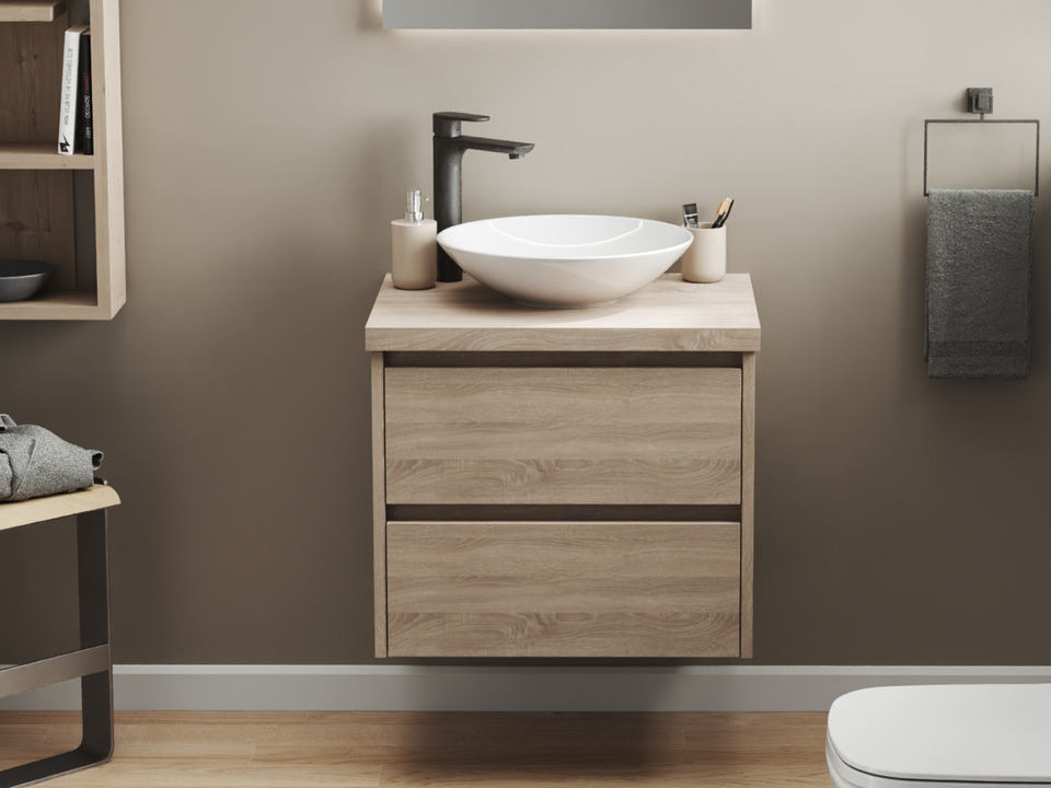 Duo Badm&ouml;bel 60, Eiche Gold, Keramik Waschbecken, Tr&auml;gerplatte