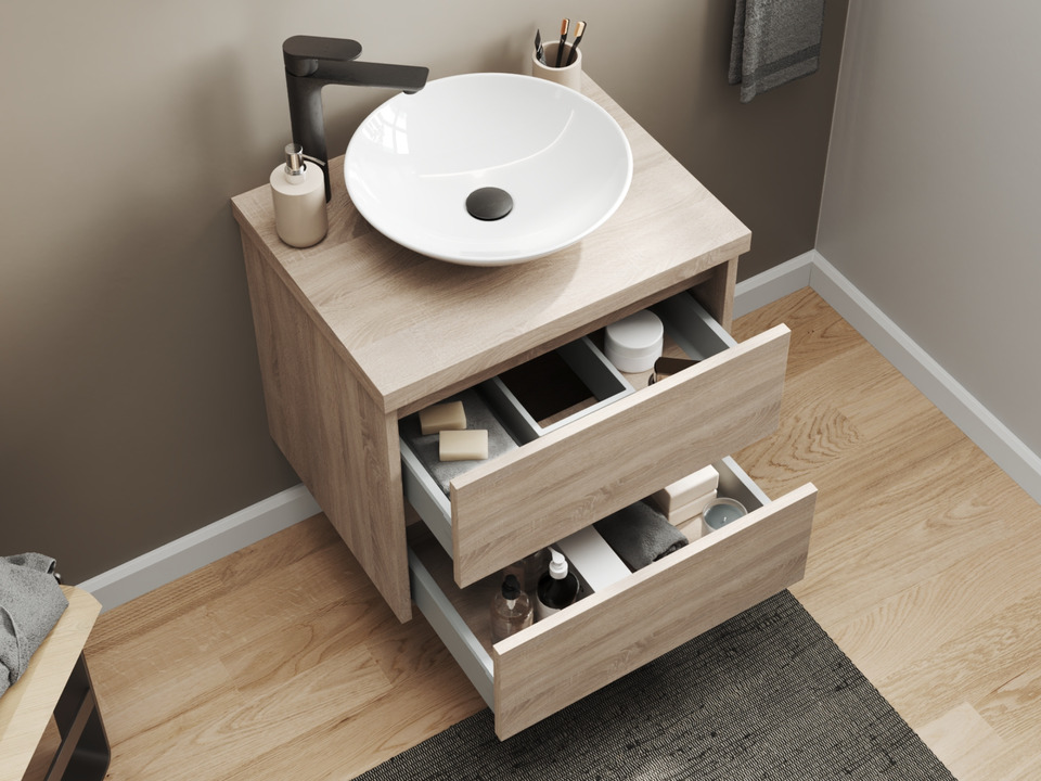 Duo Badm&ouml;bel 60, Eiche Gold, Keramik Waschbecken, Tr&auml;gerplatte