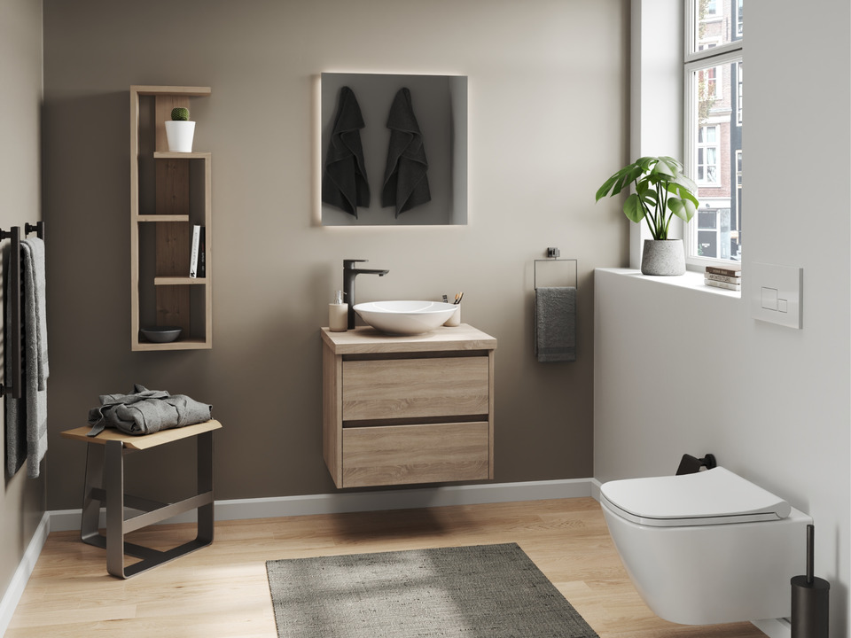 Duo Badm&ouml;bel 60, Eiche Gold, Keramik Waschbecken, Tr&auml;gerplatte