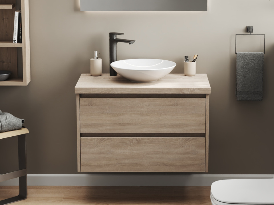 Duo Badm&ouml;bel 80, Eiche Gold, Keramik Waschbecken, Tr&auml;gerplatte