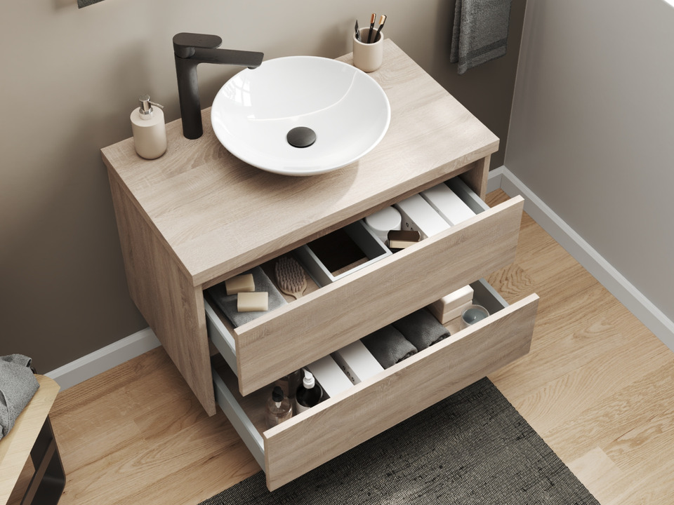 Duo Badm&ouml;bel 80, Eiche Gold, Keramik Waschbecken, Tr&auml;gerplatte