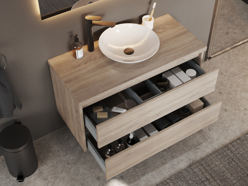 Duo Badm&ouml;bel 100, Eiche Gold, Keramik Waschbecken, Tr&auml;gerplatte