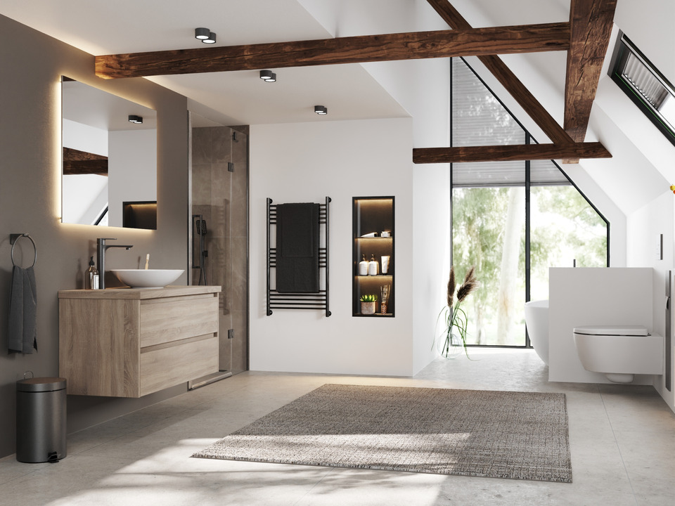 Duo Badm&ouml;bel 100, Eiche Gold, Keramik Waschbecken, Tr&auml;gerplatte