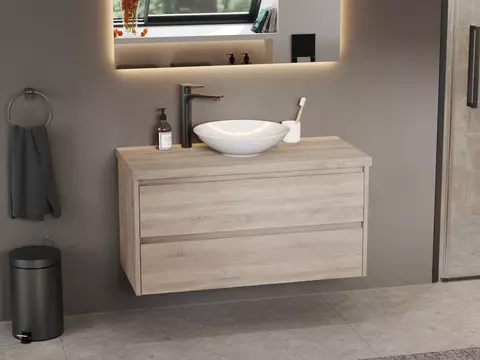 Duo Badmöbel 100, Eiche Gold, Keramik Waschbecken,...