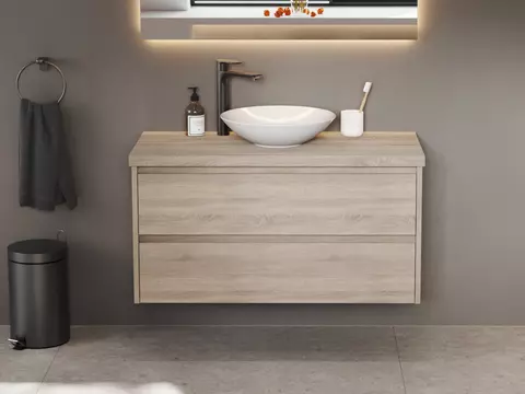 Duo Badmöbel 100, Eiche Gold, Keramik Waschbecken,...