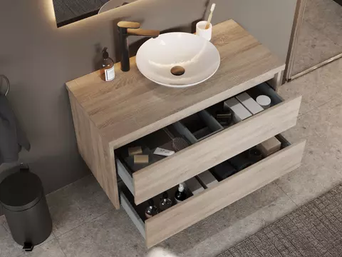 Duo Badmöbel 100, Eiche Gold, Keramik Waschbecken,...