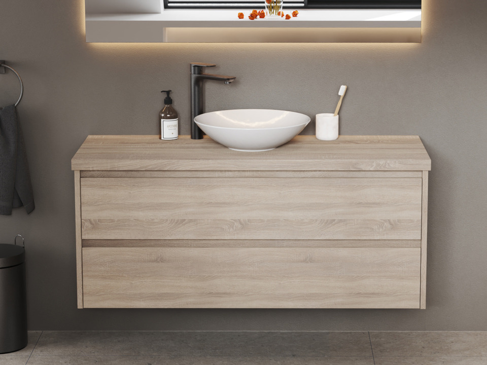 Duo Badm&ouml;bel 120, Eiche Gold, Keramik Waschbecken, Tr&auml;gerplatte