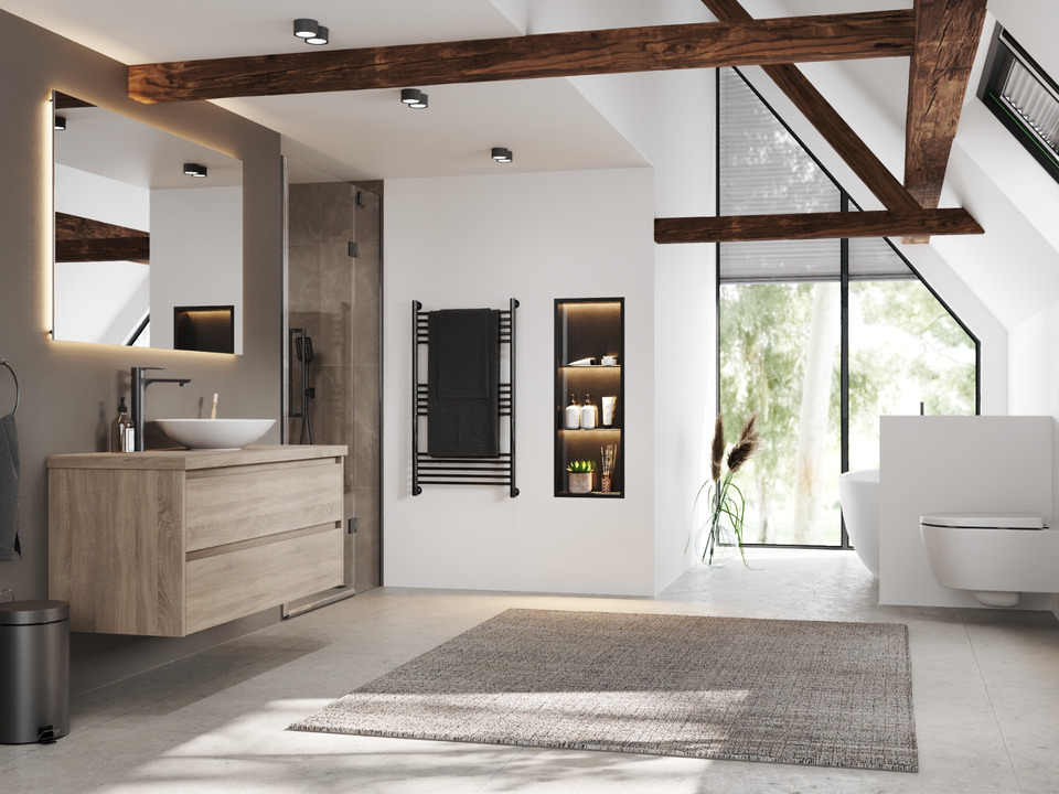 Duo Badm&ouml;bel 120, Eiche Gold, Keramik Waschbecken, Tr&auml;gerplatte