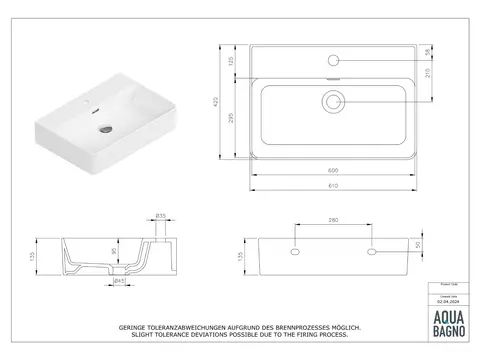 Aqua Bagno Pure Essence Waschbecken 61cm Keramik weiß