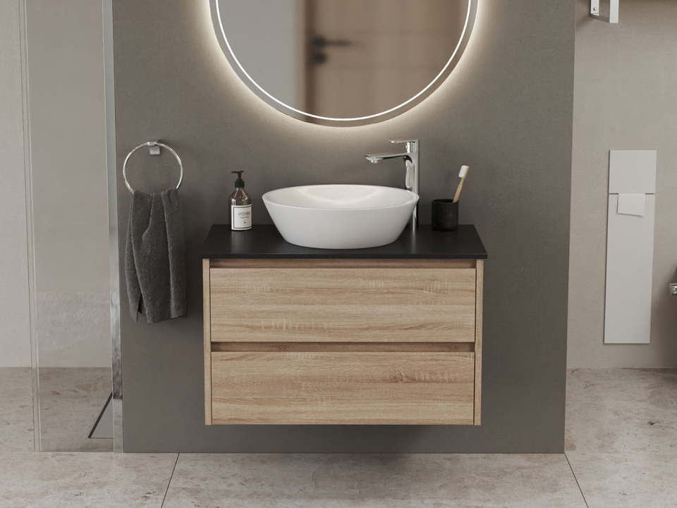 Duo Badm&ouml;bel 80, Eiche Gold, Keramik Waschbecken, Natursteinplatte