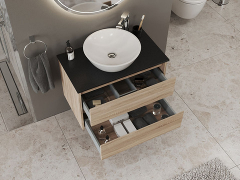 Duo Badmöbel 80, Eiche Gold, Keramik Waschbecken,...