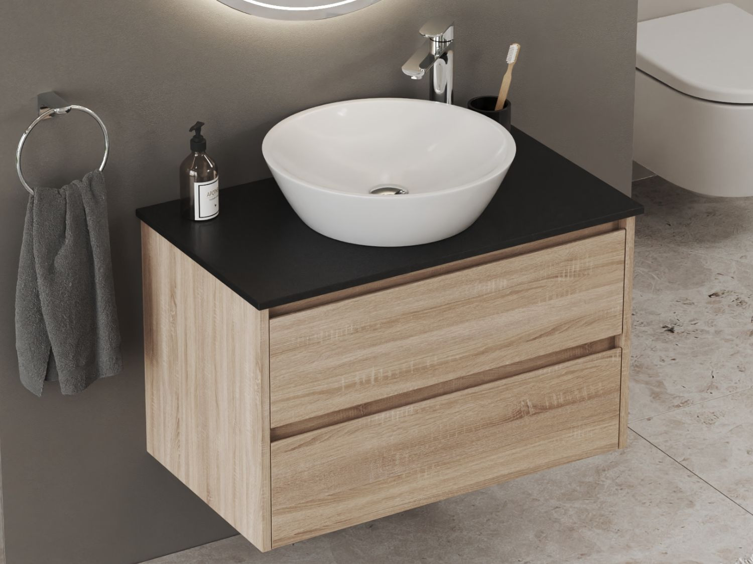 Duo Badm&ouml;bel 80, Eiche Gold, Keramik Waschbecken, Natursteinplatte