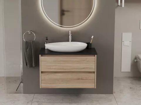 Duo Badmöbel 80, Eiche Gold, Keramik Waschbecken,...