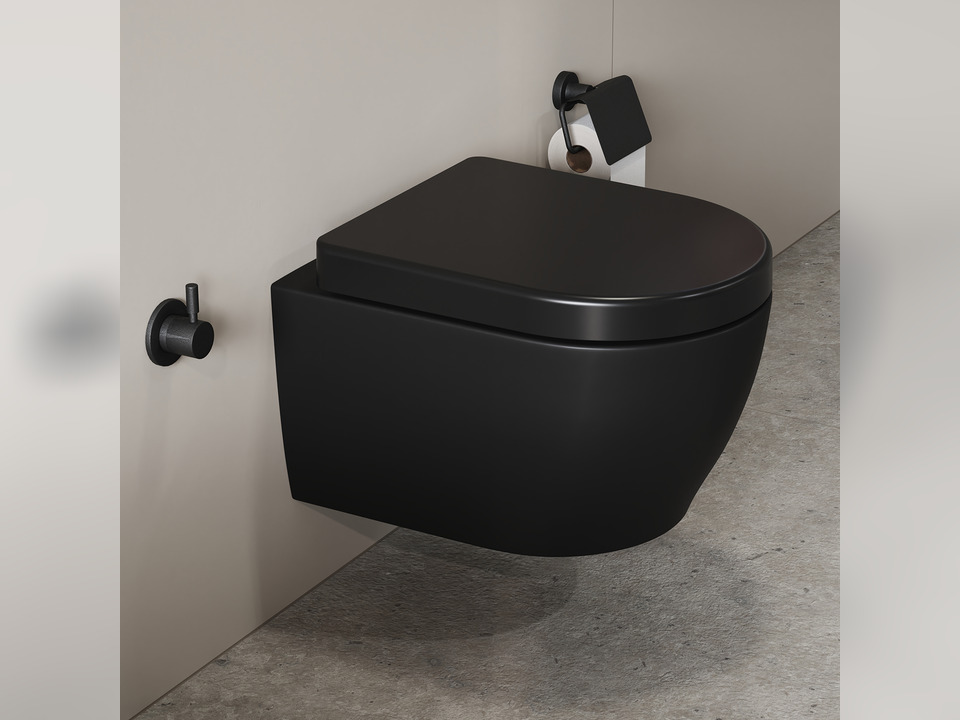 Aqua Bagno Cocon 2.0 Design H&auml;nge-Dusch-WC sp&uuml;lrandlos Taharat &amp; WC-Sitz mit Soft Close System schwarz matt- kurz 49cm