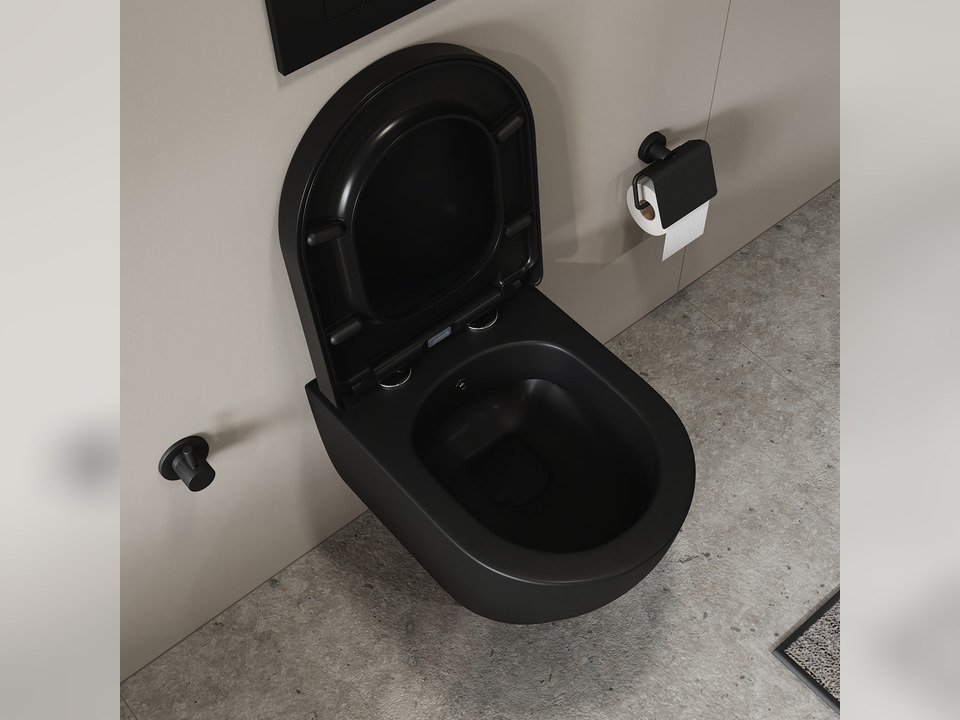 Aqua Bagno Cocon 2.0 Design H&auml;nge-Dusch-WC sp&uuml;lrandlos Taharat &amp; WC-Sitz mit Soft Close System schwarz matt- kurz 49cm