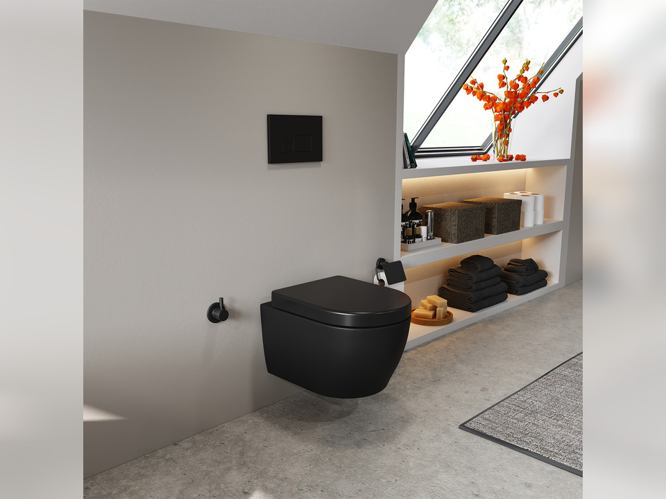 Aqua Bagno Cocon 2.0 Design H&auml;nge-Dusch-WC sp&uuml;lrandlos Taharat &amp; WC-Sitz mit Soft Close System schwarz matt- kurz 49cm