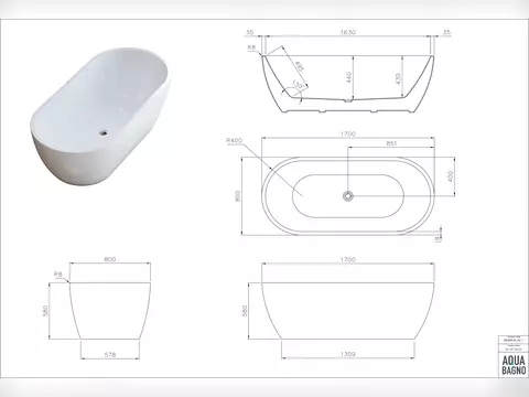 Aqua Bagno freistehende Badewanne Cocon 170cm -Acryl,...