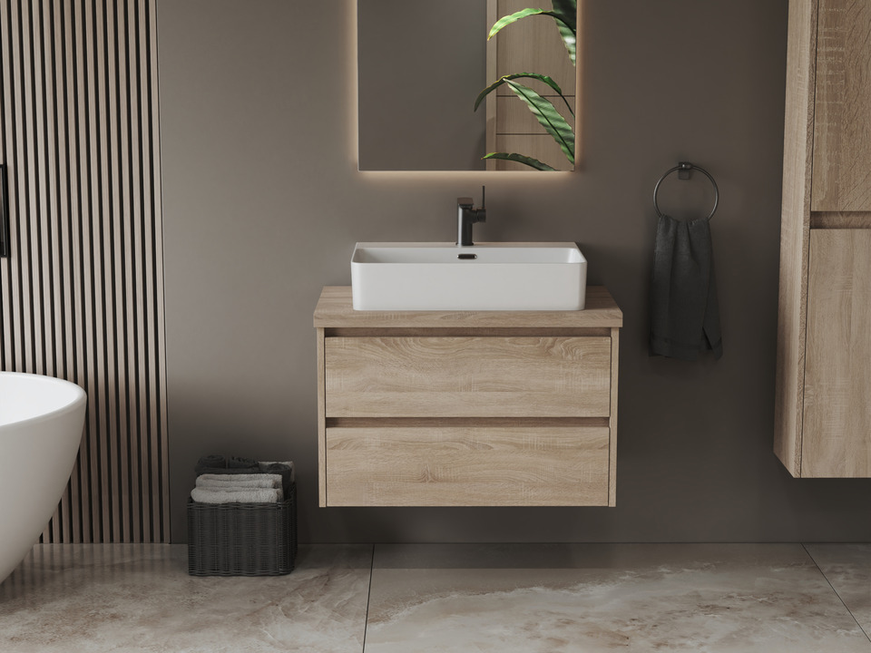 Duo Badm&ouml;bel 80, Eiche Gold, Keramik Waschbecken, Tr&auml;gerplatte