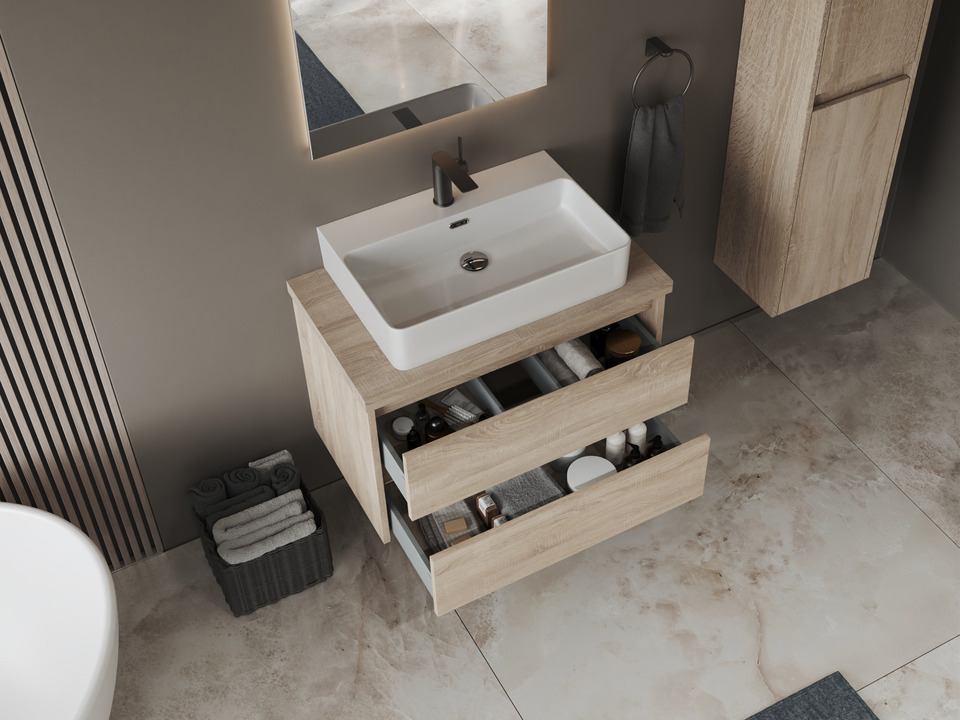 Duo Badm&ouml;bel 80, Eiche Gold, Keramik Waschbecken, Tr&auml;gerplatte
