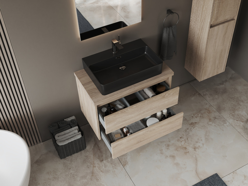 Duo Badm&ouml;bel 80, Eiche Gold, Keramik Waschbecken, Tr&auml;gerplatte