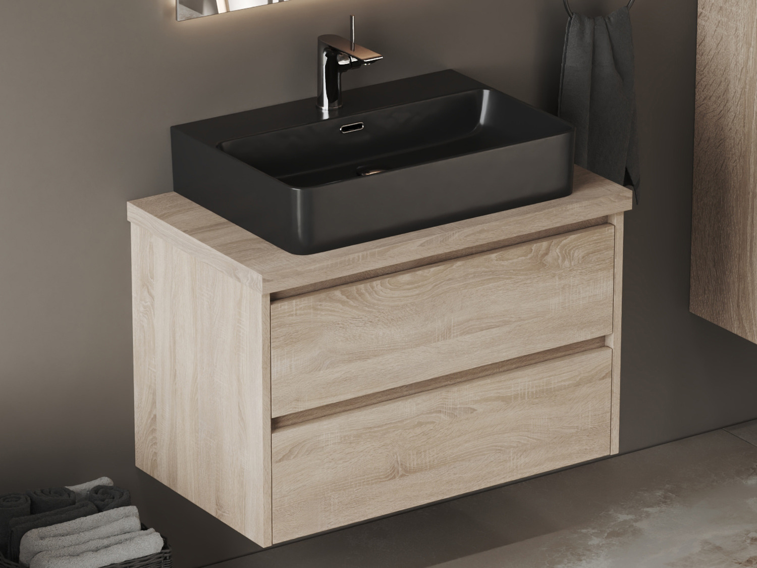 Duo Badm&ouml;bel 80, Eiche Gold, Keramik Waschbecken, Tr&auml;gerplatte